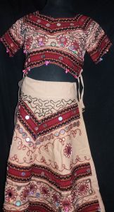 Kids Costumes to Hire - Indian Top & Skirt - Beige & Maroon with mirror detail - 